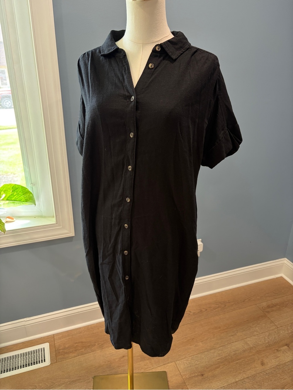 Well Worn Black Linen-Blend Shirt Dress Relaxed Button-Front Size M